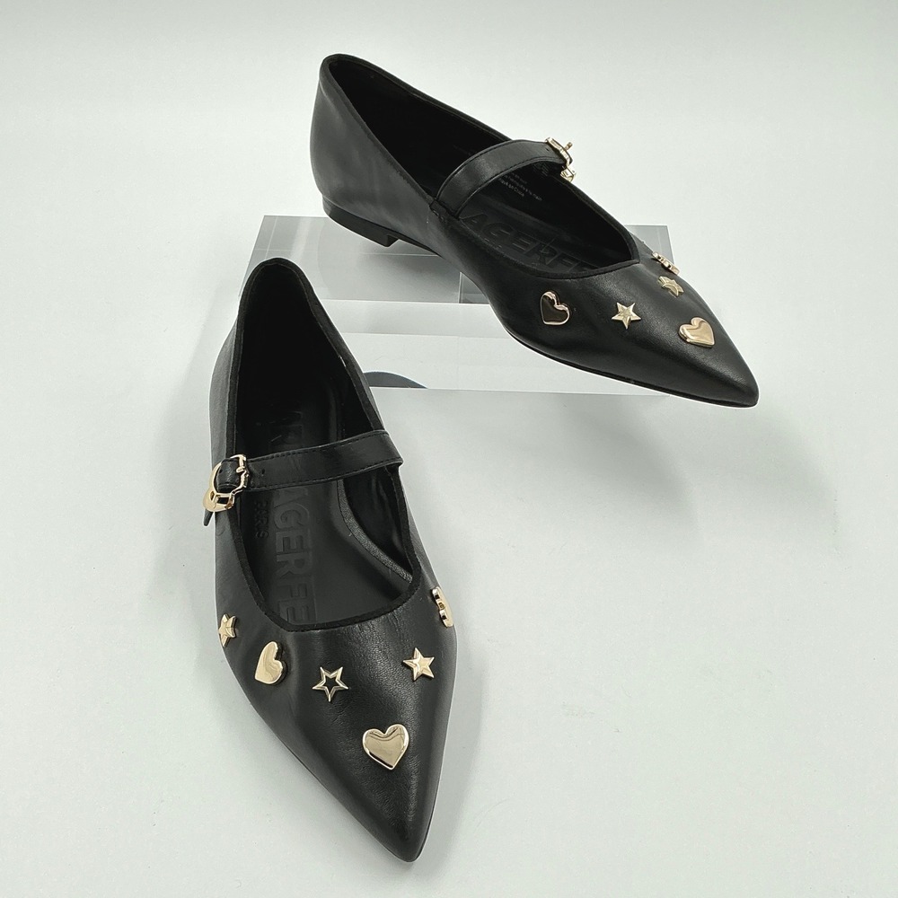 Karl Lagerfeld Paris Size 6.5 Black Leather Mary Jane Flats Gold Studs Veyda
